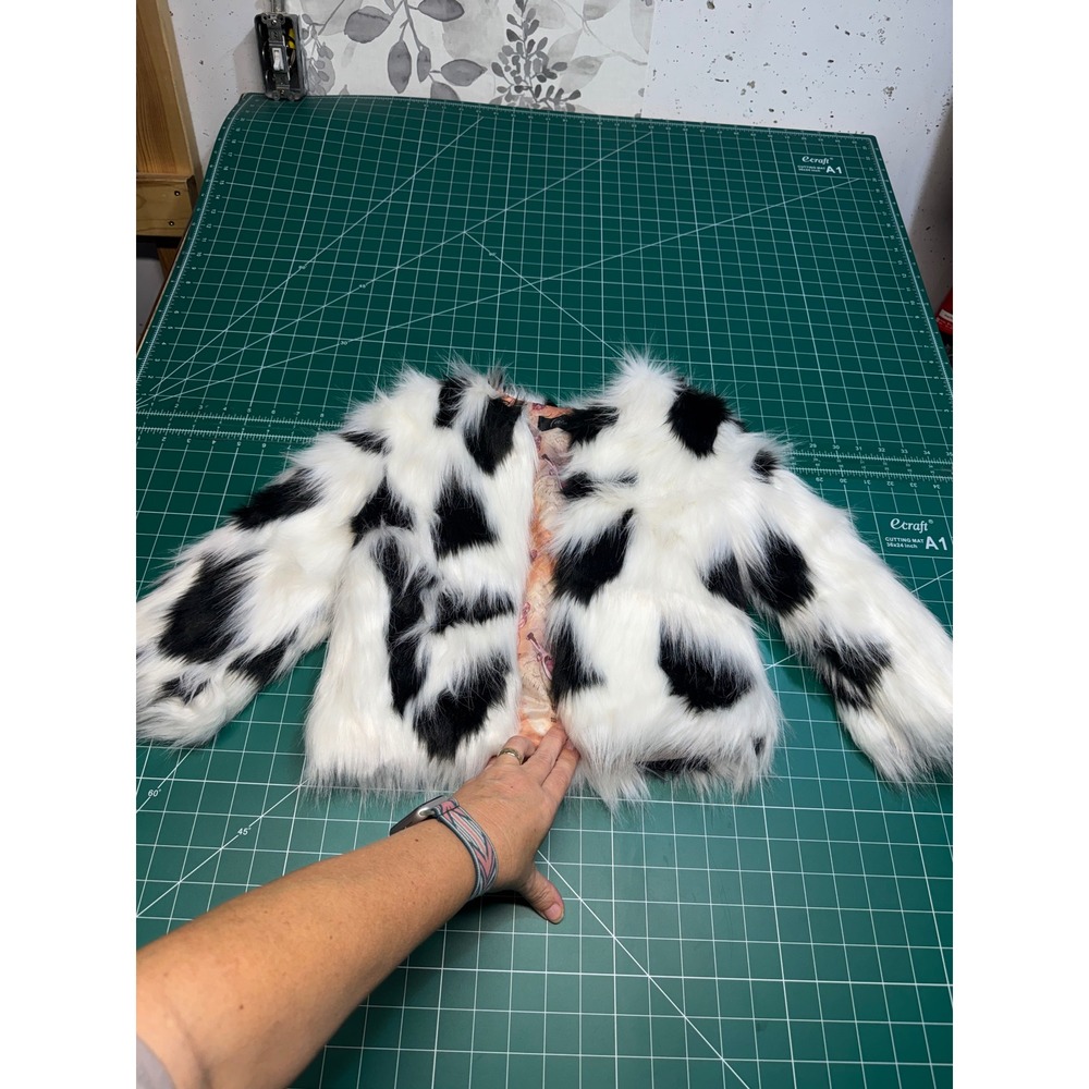 Fashion Kids Cow Print Faux Fur Jacket Black White Shaggy Coat Size 110